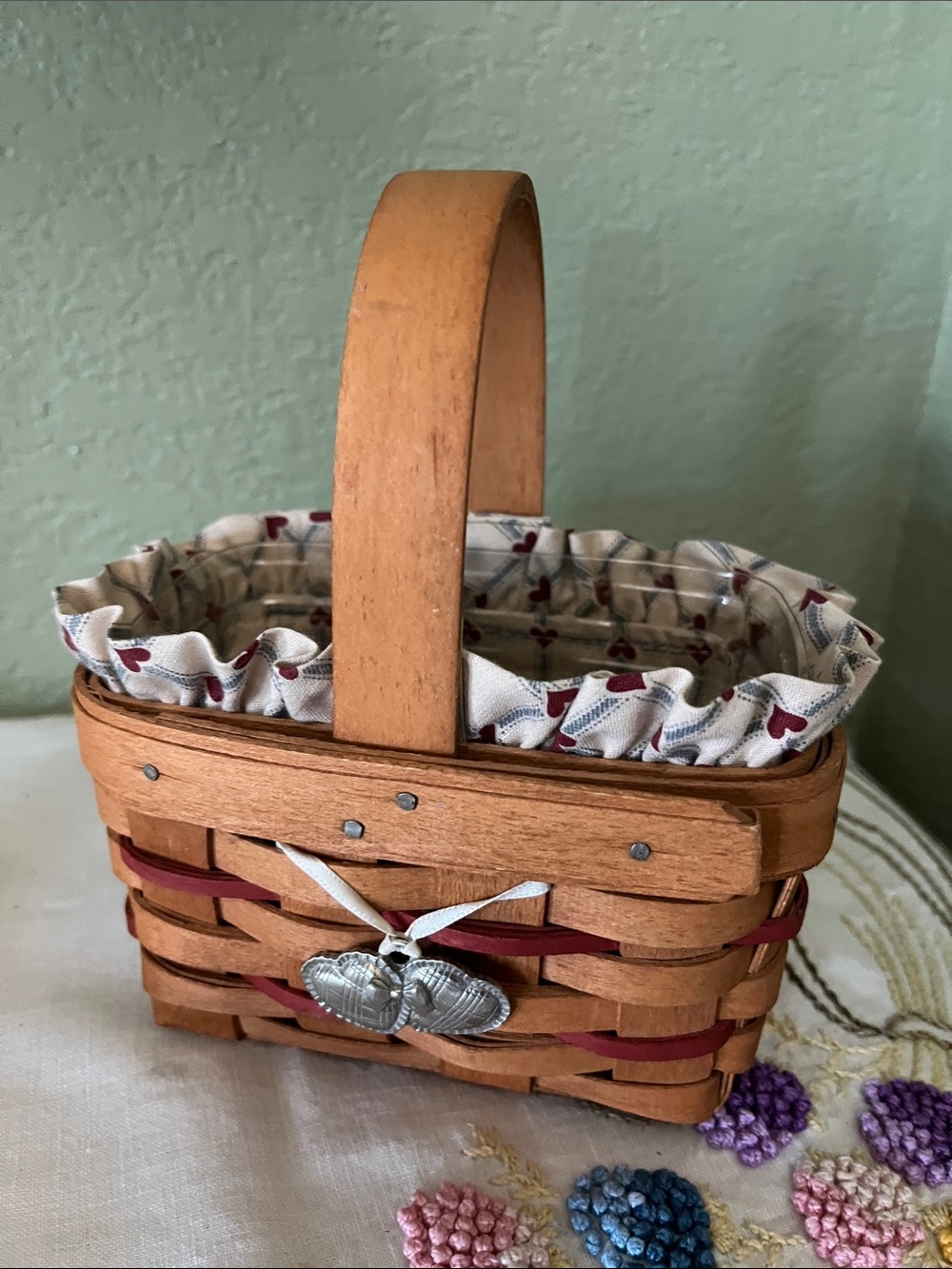 Longaberger Leftie SWEETHEART Chore basket, Pewter Heart Shape Tie-On